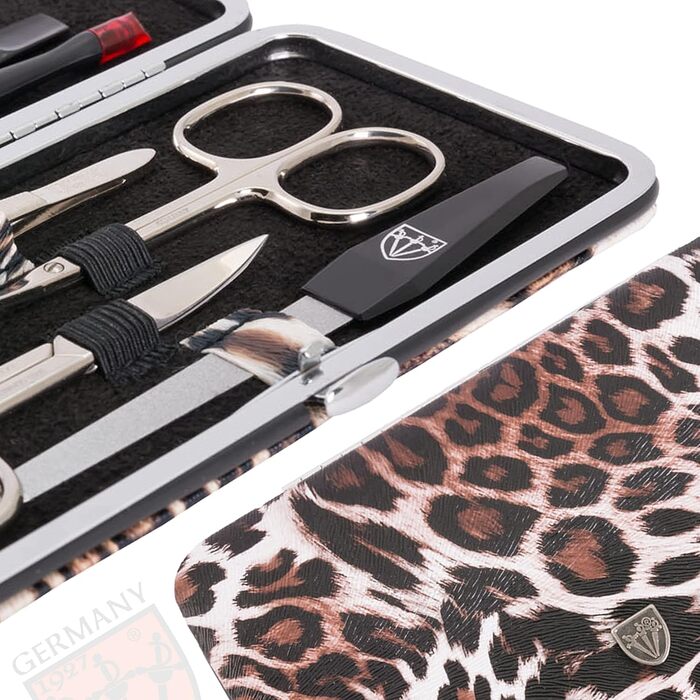 Набір для манікюру DREI SCHWERTER 'Sanremo' - Німецька якість | Преміум набір для манікюру в чорному еко-шкіряному етою | Містить: ножиці для нігтів, ножиці для кутикули, щипці для нігтів, пінцет, напільниковий баф з сапфіру та багато іншого!