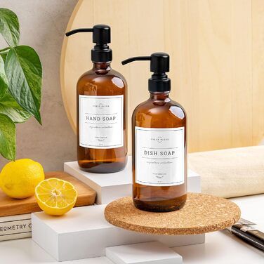 2-Pack Soap Dispenser Set for the Kitchen with Stainless Steel Pump, Amber Glass, 475ml, Hand Soap Dispenser for the Bathroom, Dish Soap Dispenser for the Kitchen with Waterproof Labels