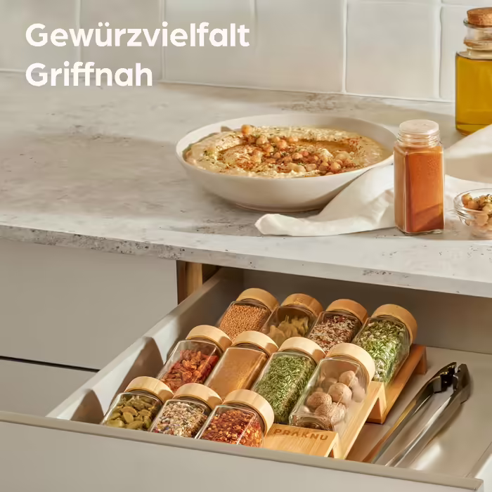 Praknu Spice Rack with Glasses - Spice Rack made of FSC® Wood - 12-Piece Spice Glasses with Bamboo Lids - Incl. Shaker Insert & Labels - Kitchen Organizer Storage