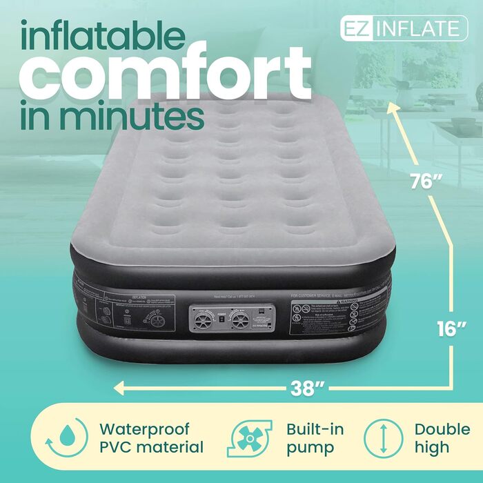 Повітряний матрац EZ INFLATE з вбудованим насосом, розкішне надувне ліжко Twin для дому, кемпінгу та подорожей, чорно-сірий