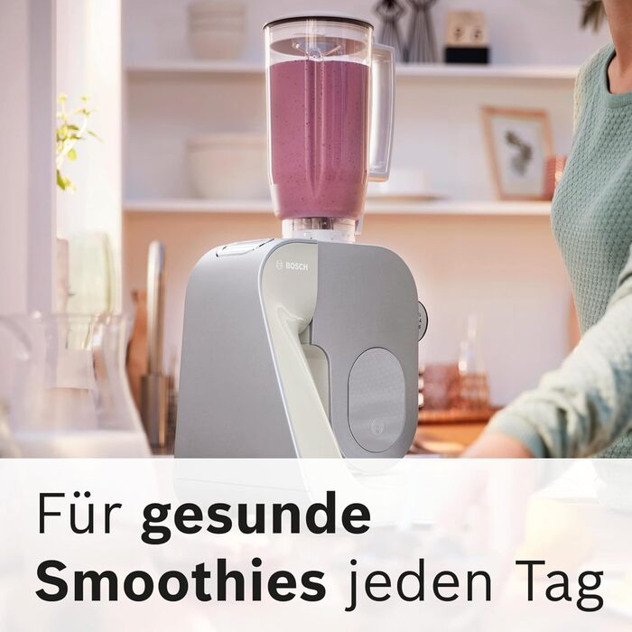 Кухонний комбайн Bosch Serie 4 MUM58L20, 1000 Вт, чаша 3,9 л, міксер 1,25 л, планетарне змішування, насадки з нержавіючої сталі, шинкувальна насадка, 3 диски, сірий/сріблястий