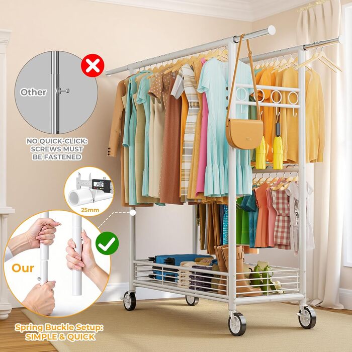 Вішалка для одягу Bomclap, міцна, на колесах, розсувна, з 3 перекладинами, 8 гачків та полицею, до 160 кг, біла