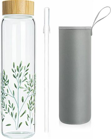 Glass Water Bottle 1L - Glass Water Bottle with Bamboo Lid 1 Liter (Green Leaves 1liter, 1000ml)