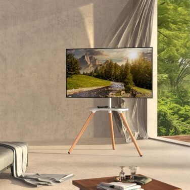 Adjustable TV Stand for 43-65 inch TVs - White Wooden Base with VESA 400x400 Support (35kg Capacity)