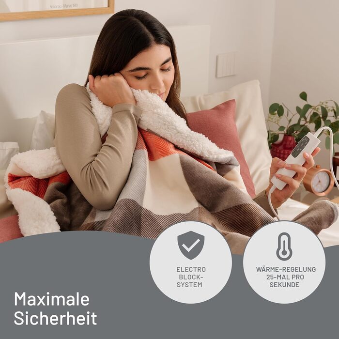 Електрична ковдра Imetec Adapto Tartan Festival, 160x120 см, тепла та затишна, з технологією Adapto, 6 температур, безпечна, швидкий нагрів, для дому, миюча, оранжево-сіра