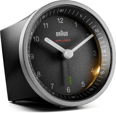 Braun Classic Analog Radio Alarm Clock, Central European Time Zone (CET/GMT+1) with Snooze Function and Illumination, Silent Movement, Crescendo Alarm, Black and Silver, Model BC07SB-DCF.