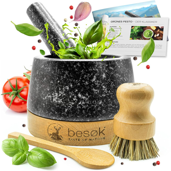 Гранітний млинок для спецій з товкачем, щіткою, рецептами та дерев'яною підставкою - 350 мл