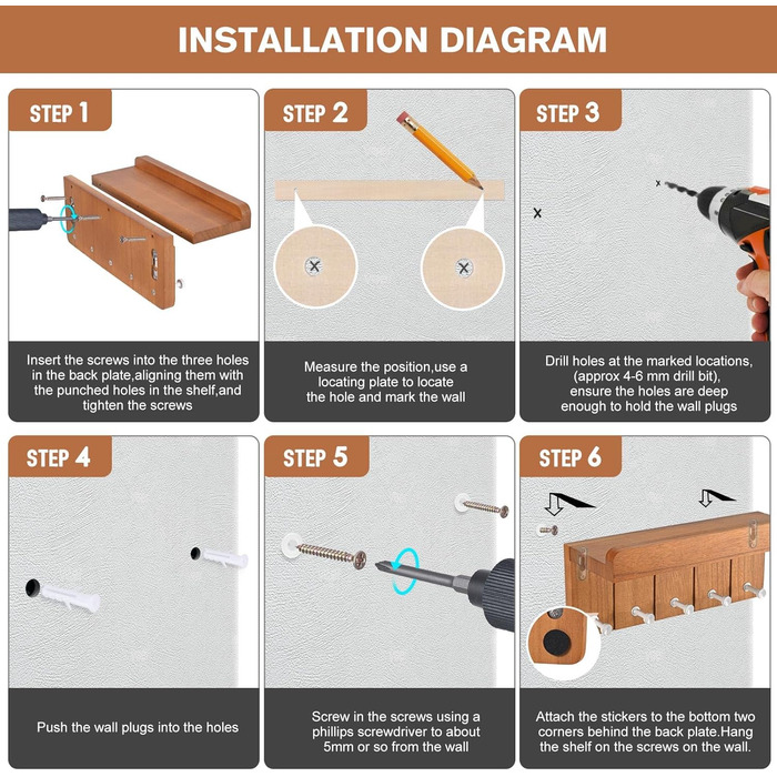 Дерев'яне ключниця з полицею, 5 гачків, для прихожей, кухні, спальні (колір: коричневий)