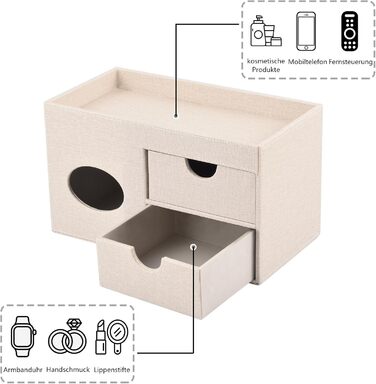 Tissue Box Linen with Drawers, Square Cosmetic Tissue Box with Magnetic Closure, Tissue Box with Side Pocket for Mobile Phones, Cosmetic Brushes, Remote Controls, Office Supplies, Perfumes (Beige)