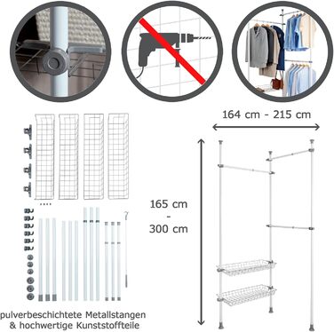 WENKO Telescopic System Hercules Duo, 3 Clothes Rails, 2 Storage Baskets, Extendable, Powder-Coated Metal, 164-215 x 165-300 x 38 cm, Matt (White, Single)
