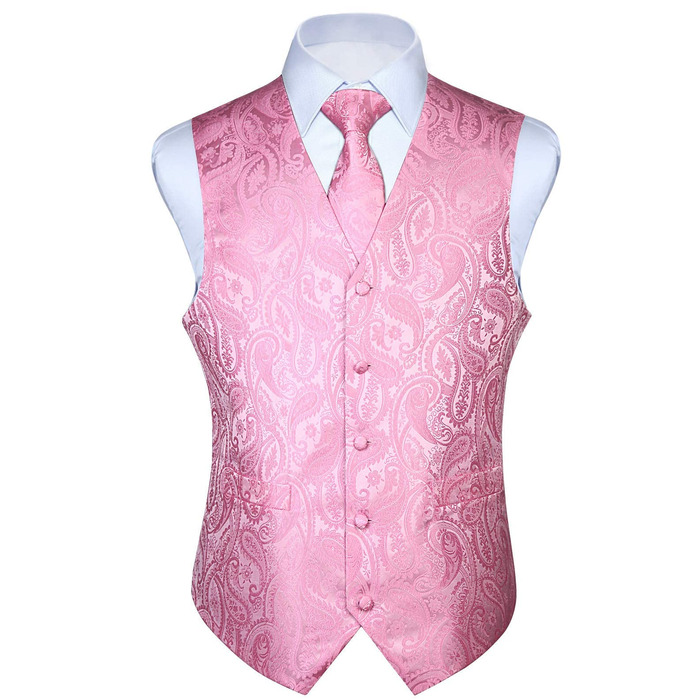 Костюмний жилет для чоловіків HISDERN рожевого кольору з візерунком пейслі, краватка, нагрудна хустинка, кишенькова хустинка, жакет з жаккарда, елегантний костюмний комплект рожевого кольору XL