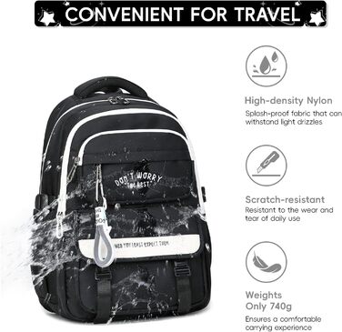 Шкільний рюкзак Tanou для підлітків, рюкзак для школи, великий шкільний ранець для дівчаток 4-12 класів, водонепроникний, зручний денний рюкзак для початкової, середньої та вищої школи (Чорний)