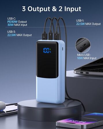 Power Bank Coblob 27000mAh з LED дисплеєм, 3 виходи та 2 входи, USB-C 30W, блакитний