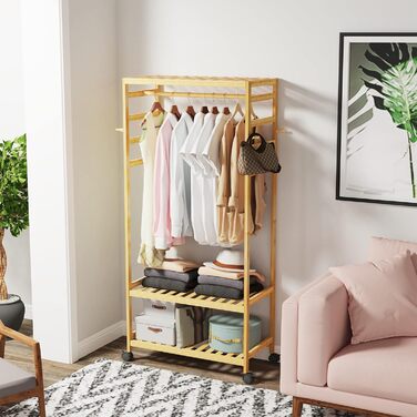 Bamboo Coat Rack, Clothes Rack with 3 Shelves and 10 Hooks, Laundry Rack with Clothes Rod, for Entryway, Living Room and Office, 80x43.5x165cm (Natural3)