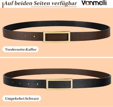 Жіночий шкіряний ремінь VONMELLI вузький з двосторонньою пряжкою, чорний/кавовий, розмір XL (130 см, талія 103-115 см) для суконь, джинсів, штанів
