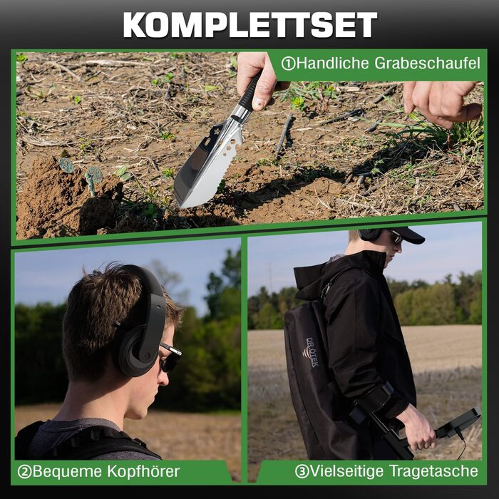 Металошукач DR.ÖTEK Profi Set для дорослих та початківців: 6 режимів, водонепроникна пошукова котушка IP68, 3 режими місцевості з Pinpoint, комплект з аксесуарами (AIR-Green)