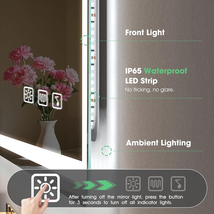 Дзеркало для ванної кімнати зі світлодіодною підсвіткою S'bagno Bluetooth 80x60 см, з підігрівом, регулюванням яскравості, пам'яттю, HD-скло, IP44, горизонтальне/вертикальне встановлення