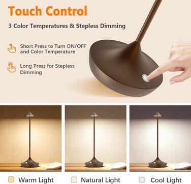 Набір з 2-х бездротових LED настільних ламп Hapfish з акумулятором, диммер, алюміній, водонепроникні, для дому, тераси, ресторану (Коричневий)