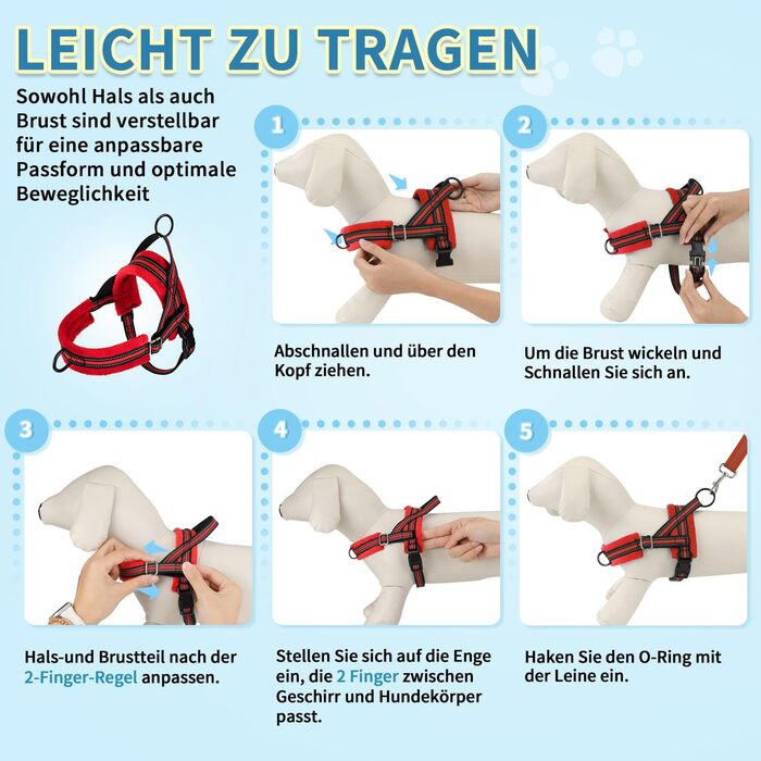 Нашийник для собак середнього та малого розміру з повідком, м'який, не тягне, з 2 кліпсами для повідка, легкий, світловідбиваючий, регульований (Червоний, XS)