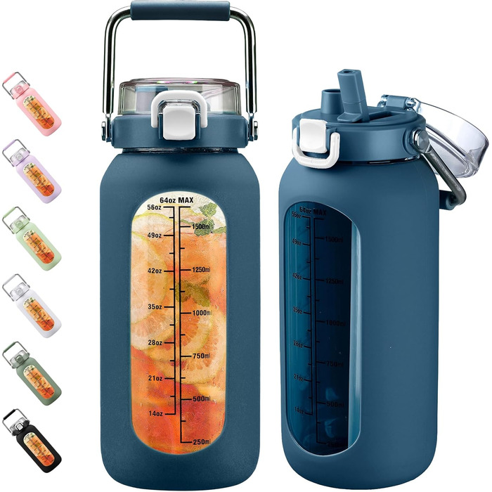 BLUEGO 2000ml Glass Water Bottle with Stainless Steel Handle and Time Marker 2L Motivation Glass Dryer with Silicone Sleeve and Straw for Gym, Office, Outdoors, Sports, BPA-free Water Bottles, Dark Blue