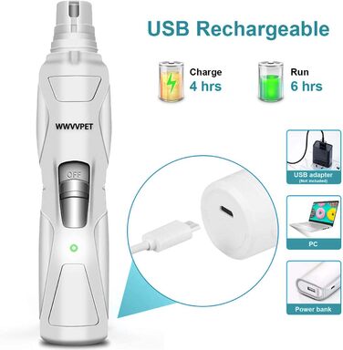 Електричний точило для кігтів собак та котів з LED-підсвічуванням та 2 колесами, точило для кігтів домашніх тварин, тихе та потужне, з низькою вібрацією, біле з LED-підсвічуванням