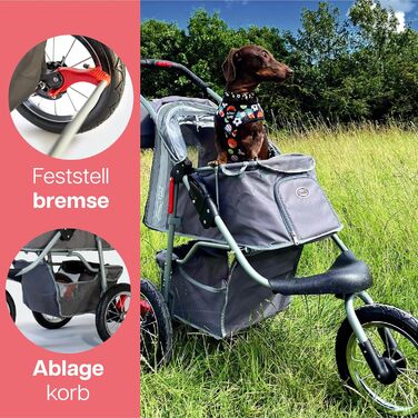 Візок для собак Innopet Comfort Air Eco чорного/срібного кольору – візок для собак/кішок з 30см повітряними колесами, складаний, для лісових стежок, з світловідбиваючими смугами, органайзером, з переробленого нейлону (сірий)