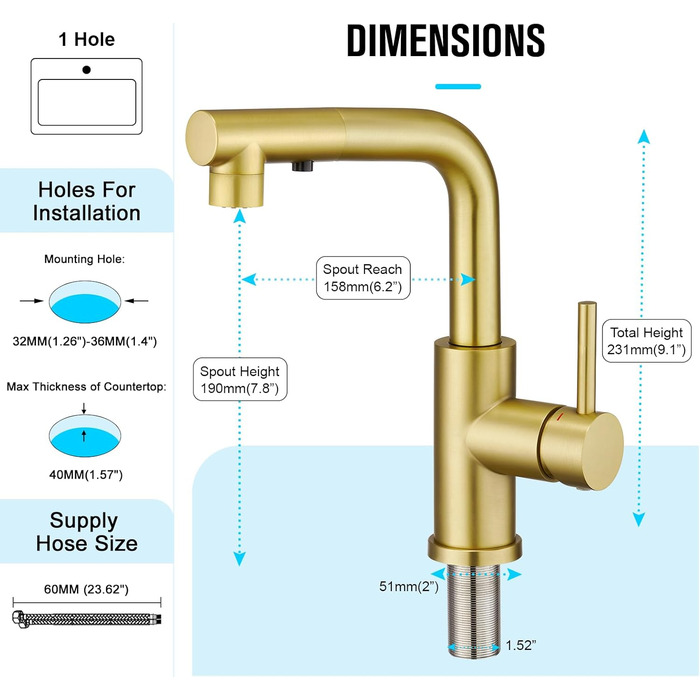 Кран кухонний CREA з 3 функціями: душ, висувний вилив, поворот 360°, матове золото (щітковане)