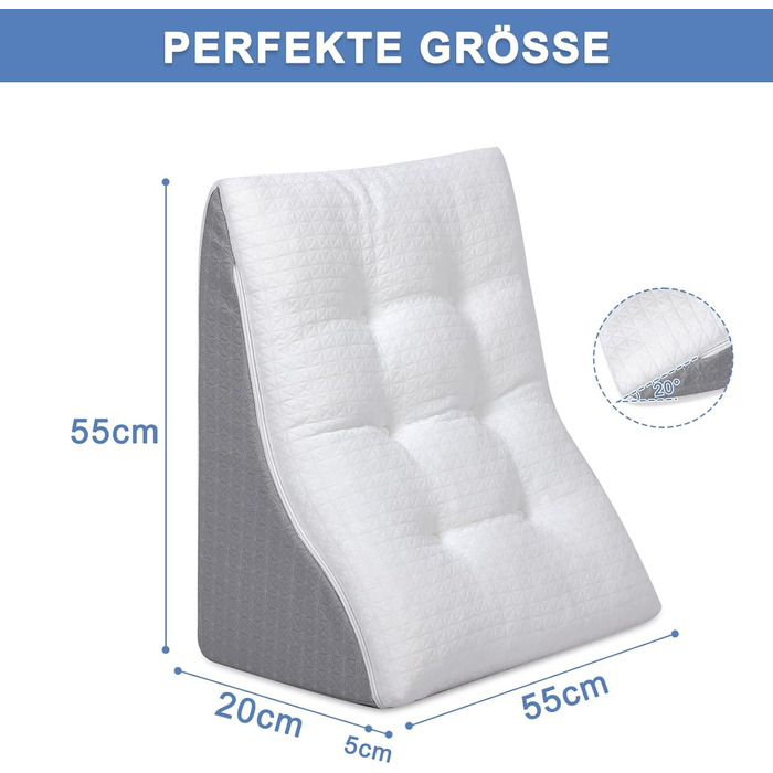 ТANYOO Подушка для читання в ліжко та на диван: ергономічна подушка-валик з піною з пам'яті ефекту, двошарова конструкція, підтримка спини, для рефлюксу, апное сну, комфортна спинка (55x55x25)