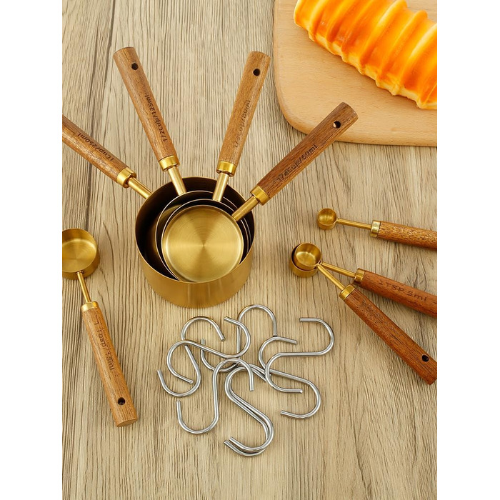 8-Piece Gold-Colored Measuring Cup and Spoon Set with Wooden Handle, Portable, Reusable, Stainless Steel Measuring Spoon Set with 8 Curved Hooks for Kitchen, Home, Baking