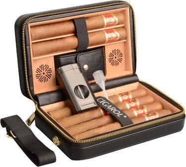 Чохол для сигар, переносний шкіряний гумодор, з запальничкою, вміщує до 6 сигар, чудовий подарунок для чоловіків (без сигар), чорний