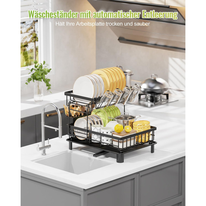 LIONONLY Dish Drying Rack, Large 2-Tier Dish Drying Rack with Drip Bowl, Stainless Steel Dish Drying Rack with Utensil Holder, Beverage Holder, and Swivel Spout, Dish Drying Stand Kitchen