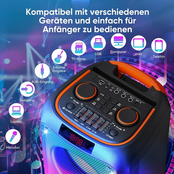 Караоке система Hukkmela з 2 мікрофонами, Bluetooth 5.3, USB, TF, Aux, LED підсвічування - чорний