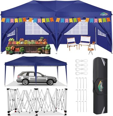COBIZI Pavilion 3x3 Waterproof Folding Pavilion with 4 Side Panels Outdoor Folding Pavilion Stable UV Protection 50+ Pop-Up Garden Pavilion Party Tent for Outdoors, Garden, Party, Wedding, Market (Navy Blue, 3x6m)