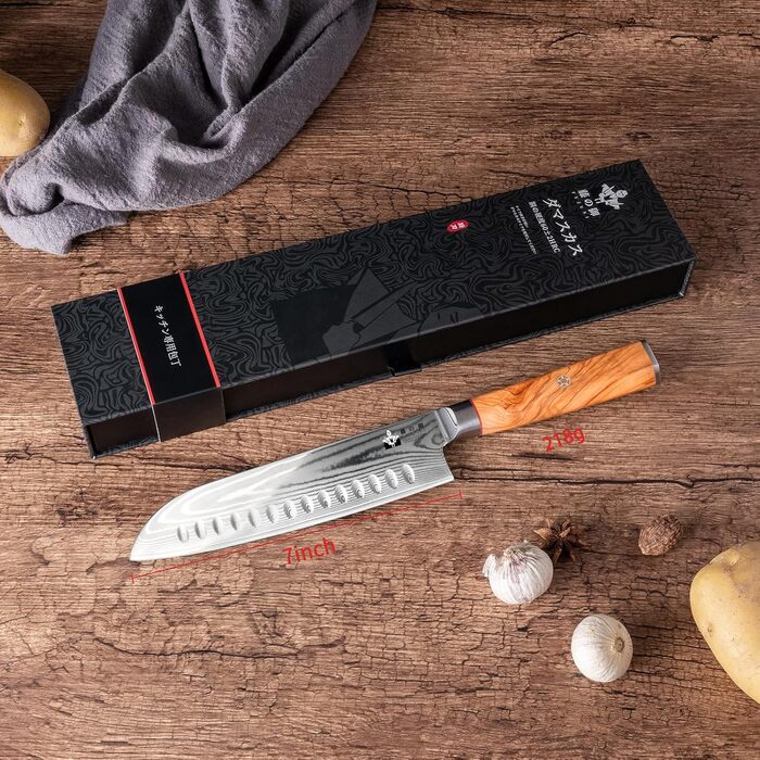 Ніж кухонний FUJUNI Santoku 18 см з лезом з дамаської сталі VG-10, ручка з оливкового дерева, подарункова коробка