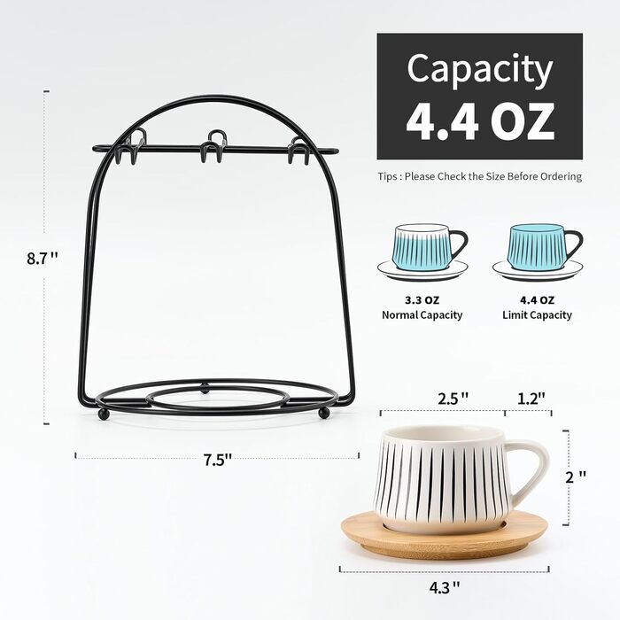 Набір керамічних кавових чашок з блюдцями LUKA, 6 шт., 118 мл, порицелан, для еспресо, лате, кави, мокко, чаю, смугастий дизайн, білий та чорний колір