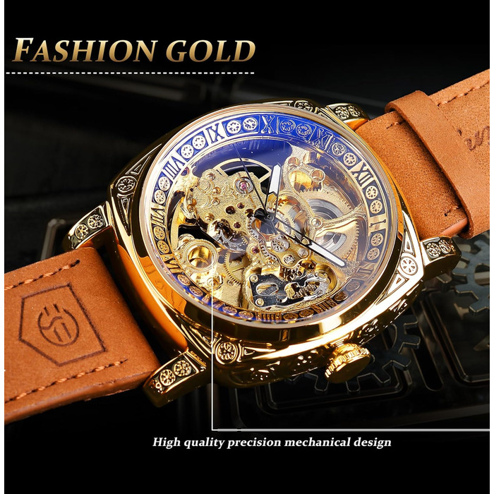 FORSINING Чоловічий годинник: квадратний ретро механічний годинник з автопідзаводом, скелетон, золотий, з шкіряним ремінцем