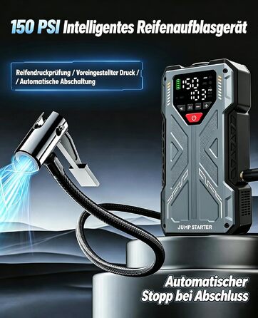 Пусковий пристрій (бустер) для авто Starthilfe 8000A з компресором 150PSI, портативний Powerbank 12V для бензинових та дизельних двигунів до 10л, LED-дисплей, сірий