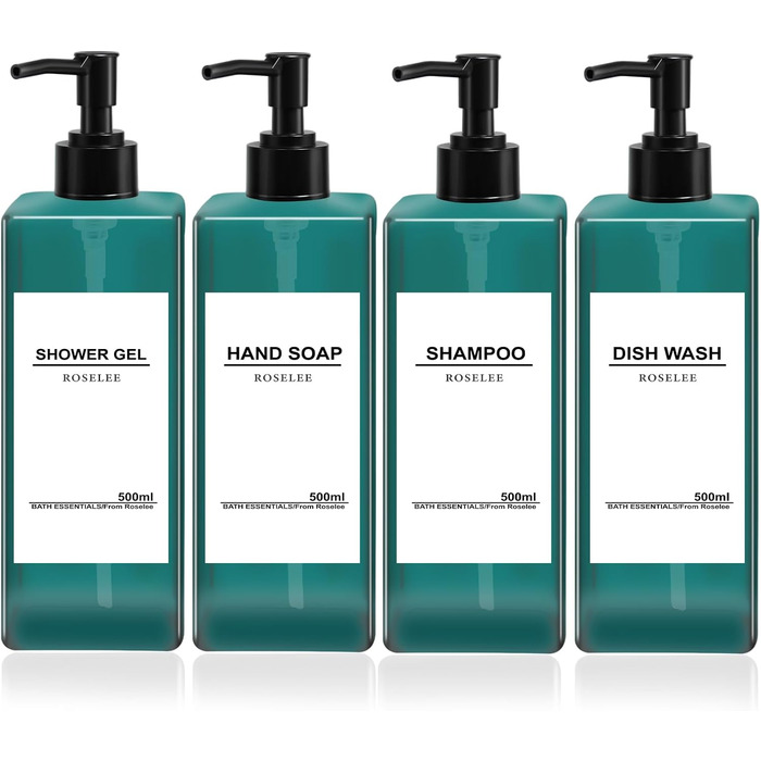 Набір дозаторів для мила Roselee (4 шт.), зелені, 500 мл. Дозатори для душу, шампуню, кухні, ванної кімнати. Матеріал: пластик.