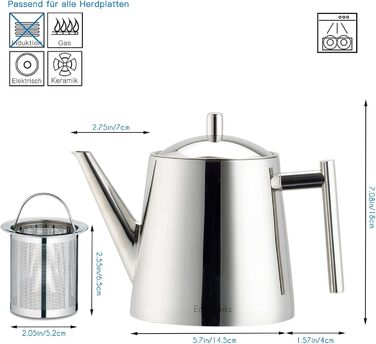 Easyworkz Teapot with infuser insert 1500ml Stainless Steel, Tea Maker for all fruits, herbs and infusion teas