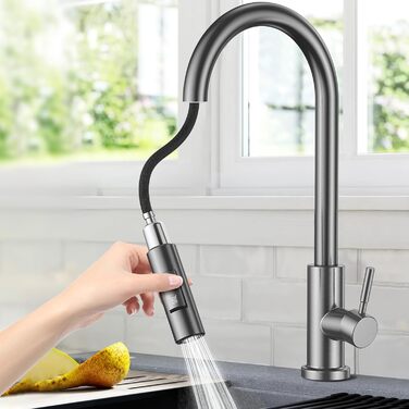 Кухонний змішувач Wasserhahn з висувною лійкою, поворотний на 360°, 2 функції, однорідний, для кухні (сірий)