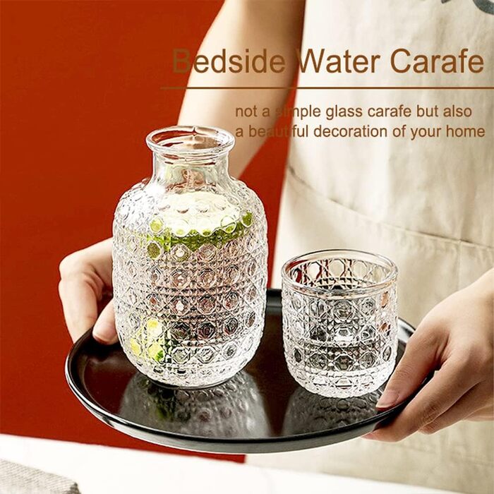 Vintage Water Carafe, Nightstand Water Carafe and Glass Set, Carafe with Glass Beaker for Nightstand, Thick Glass Mouthwash Decanter for Bedroom, Guest Room, Bathroom, Kitchen, 440ml (Transparent)
