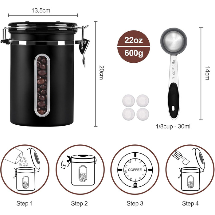 Кейс для кави ROCKY&CHAO 1.8L з нержавіючої сталі, герметичний, з вікном, для кавових зерен, чаю, горіхів, какао