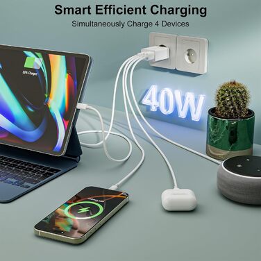 Мережевий зарядний пристрій 40W з 4 портами USB-C та USB-A (2 шт.) - для iPhone, iPad, Samsung, Tablet. Підтримка PD 3.0