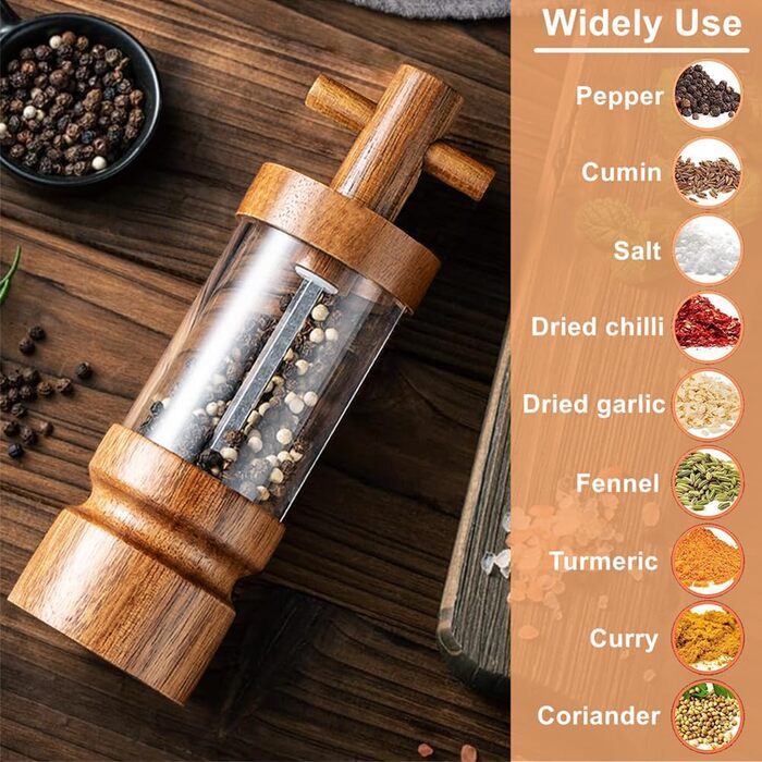Auciej Pepper Grinder Wooden Salt Grinder Manual Spice Grinder Set with Adjustable Ceramic Grinder, Salt and Pepper Grinder with Coaster for Spices, Pepper, Salt, 2-Piece Set, Height: 18 cm