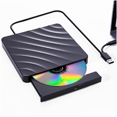Зовнішній DVD-CD привід USB: DVD-рекордер та плеєр для ноутбука та ПК, оптичний накопичувач +/-RW ROM, сумісний з Windows 11/10/8/7, Linux, MacOS, чорний