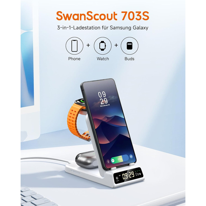 Бездротова зарядка 3-в-1 SwanScout 703S для Samsung Galaxy S26 Ultra/S25/S24/S23, Galaxy Watch 8/8 Classic/Ultra/7/6 та Buds 4/4 Pro - Біла
