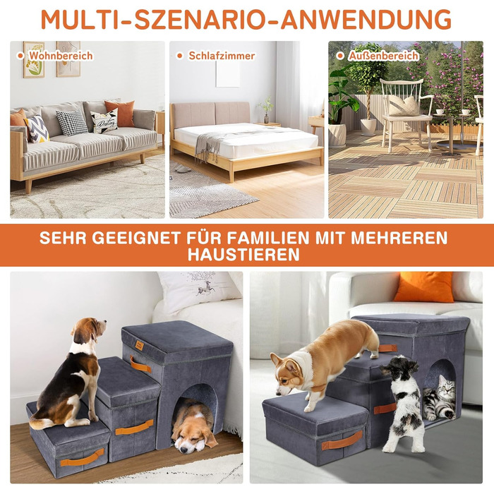 Zonema Dog Stairs, Dog Stairs for Small Dogs, Waterproof Dog Stairs 40 cm High, Injury Prevention High-Quality Sponge Cat Stairs, Non-Slip Washable Dog Ramp for Sofa Bed Car (Pet Stairs 3 Steps, Grey)