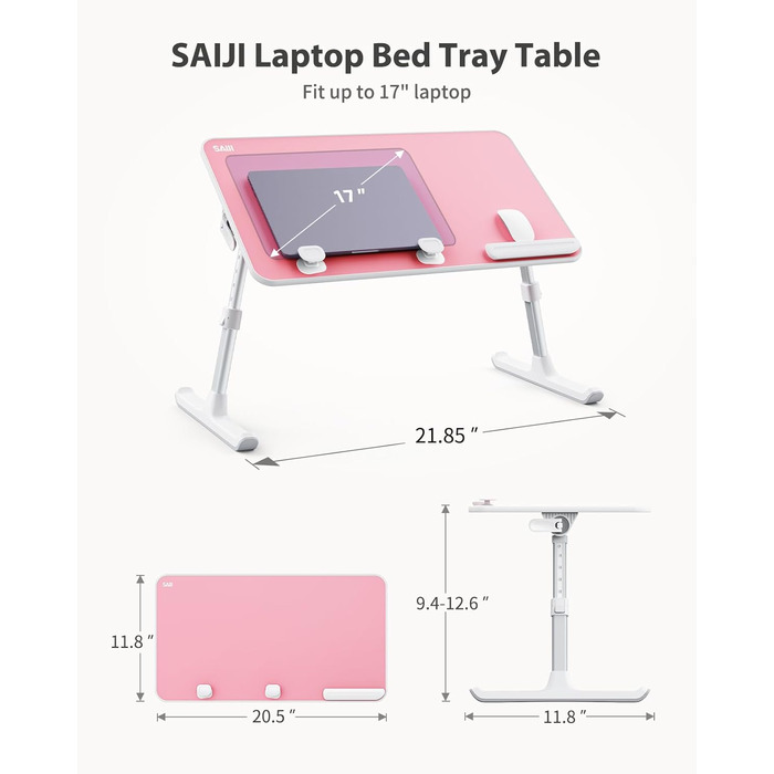 SAIJI Підставка для ноутбука на ліжко - регульована висота, складний столик для дивану/підлоги, для роботи/навчання/читання/їжі, підходить для ноутбуків до 17 дюймів (52*30 см), Рожевий
