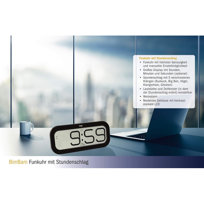TFA Dostmann Digital Wall Clock with Hourly Chime Bim Bam, 60.4514.02, Radio-Controlled Clock with 5 Different Hourly Chimes (Big Ben, Bird, Cuckoo, Bells, Singing Bowl), Alarm Function, LED Display, white (Black)
