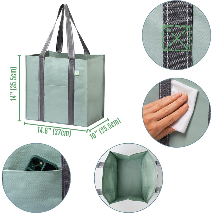 VENO 34 Liter Large Shopping Bag Foldable with Sturdy Bottom and Front Pocket, Reusable Shopping Bags Water-Repellent Tote Bag Shopping Basket for Shopping Picnic (Light Green, 4-Pack)